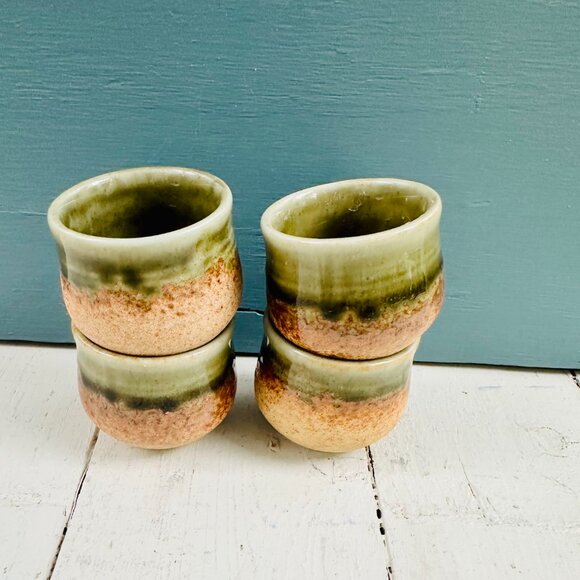 Ochoko cups, set of four, Japanese mino wear sake cups, blue and brown ceramic - Picture 9 of 10
